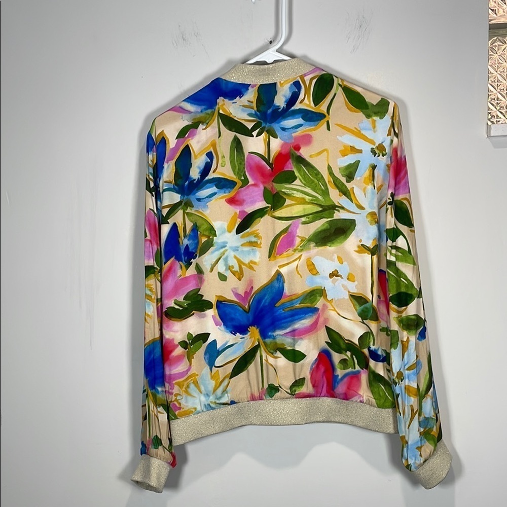 NAF NAF Paris Floral Watercolor Bomber Jacket Gold Lurex Zip Size L - Picture 7 of 14